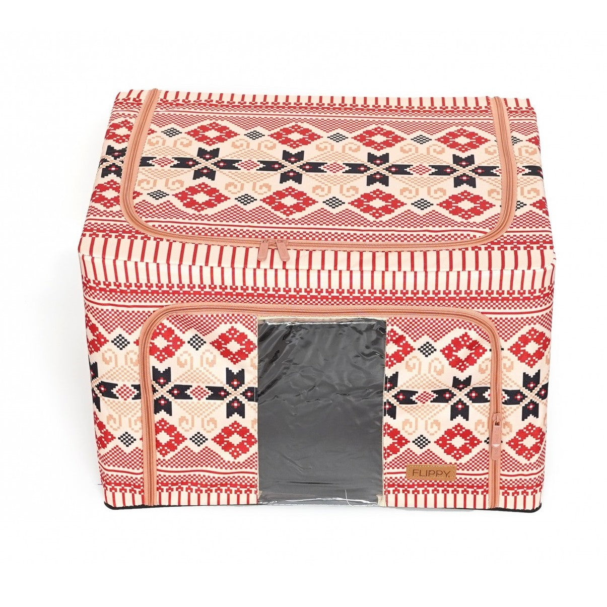 Cutie de Depozitare Pliabila, Klevo, 66 L din Bumbac si In, 52 x 42 x 39 cm, Fereastra Frontala, 2 Usi de Acces cu Fermoar Bidirectional, Cadru Metalic, Suport Baza Stabil din Plastic, Motiv Traditional Model 5