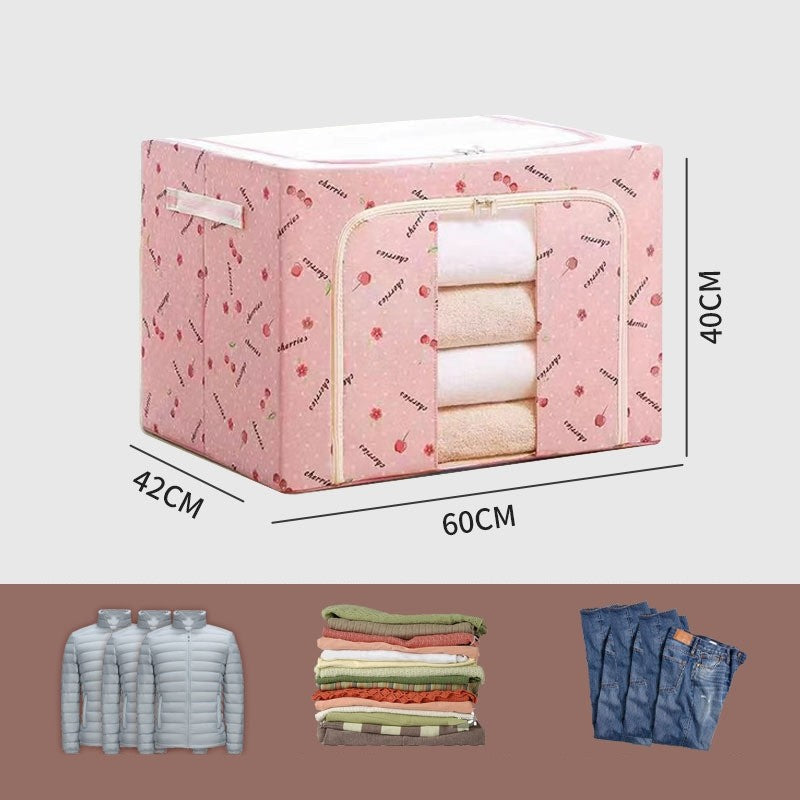 Cutie de Depozitare Pliabila, Klevo, Cu Fermoar, 100 L, Textil, 60x42x40 cm, cu Fereastra, Cadru Metalic, Suport Baza Stabil din Plastic, Imprimeu Cirese, Roz