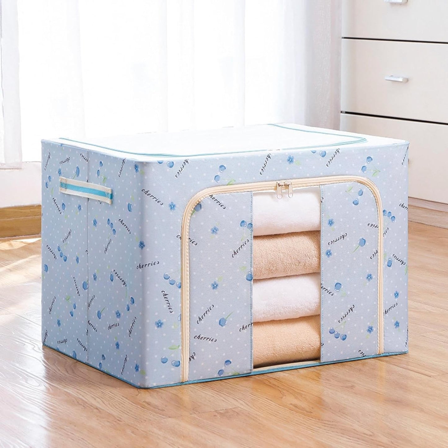 Cutie de Depozitare Pliabila, Klevo, 100 L, din Tesatura Oxford, 60x42x40 cm, Fereastra Frontala, 2 Usi de Acces cu Fermoar Bidirectional, Cadru Metalic, Suport Baza Stabil din Plastic, Imprimeu Cirese, Albastru
