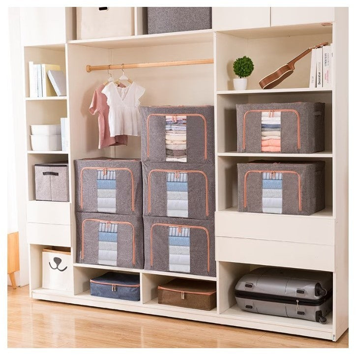 Cutie de Depozitare Pliabila, Klevo, 24 L, din Bumbac si In, 40x30x20 cm, 2 Ferestre, Frontala si Laterala, 2 Usi de Acces cu Fermoar Bidirectional, Cadru Metalic, Suport Baza Stabil din Plastic, Gri