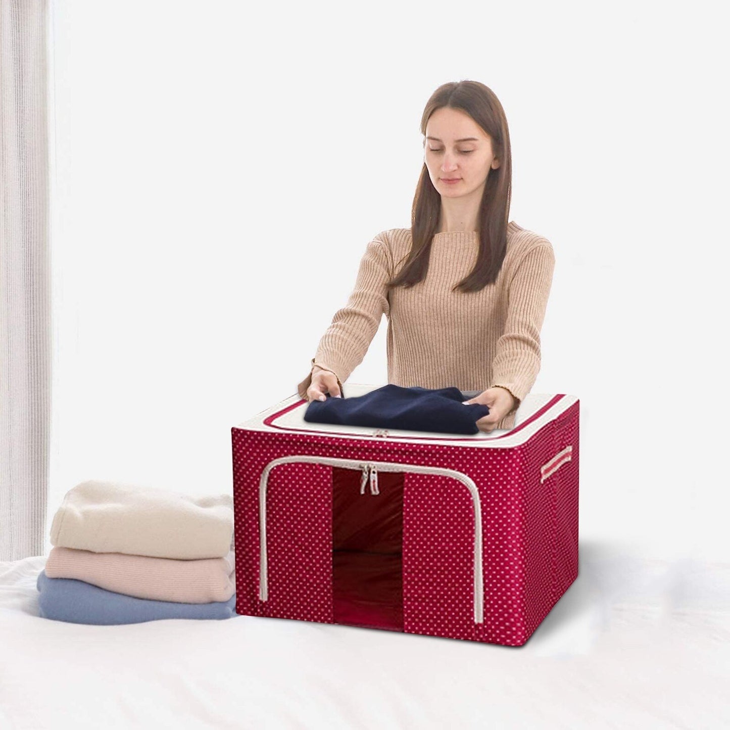 Cutie de Depozitare Pliabila, Klevo, 66 L, din Tesatura Oxford, 50x40x33 cm, Fereastra Frontala, 2 Usi de Acces cu Fermoar Bidirectional, Cadru Metalic, Suport Baza Stabil din Plastic, Imprimeu Buline, Rosu