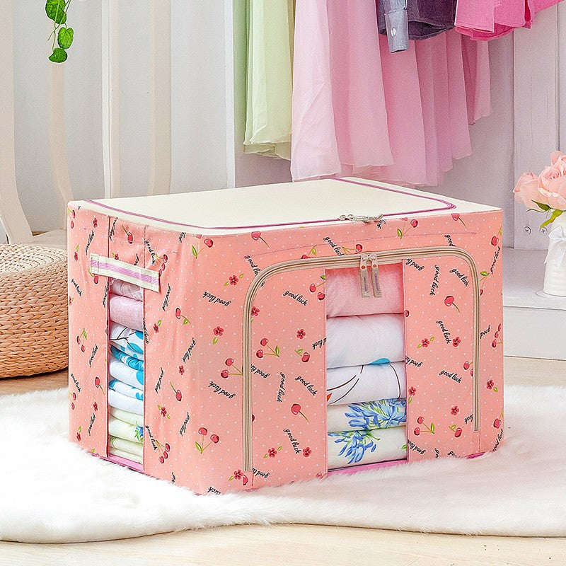 Cutie de Depozitare Pliabila, Klevo, 66 L, din Tesatura Oxford, 50x40x33 cm, 2 Ferestre, Frontala si Laterala, 2 Usi de Acces cu Fermoar Bidirectional, Cadru Metalic, Suport Baza Stabil din Plastic, Imprimeu Cirese, Roz