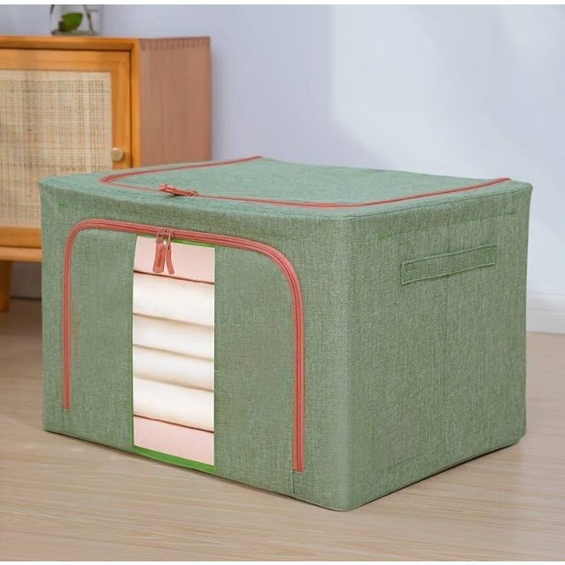 Cutie de Depozitare Pliabila, Klevo, Cu fermoar Bidirectional, 66 L, Textil, 50x40x33 cm, Cadru Metalic, o Fereastra, Suport Baza Stabil din Plastic, Verde