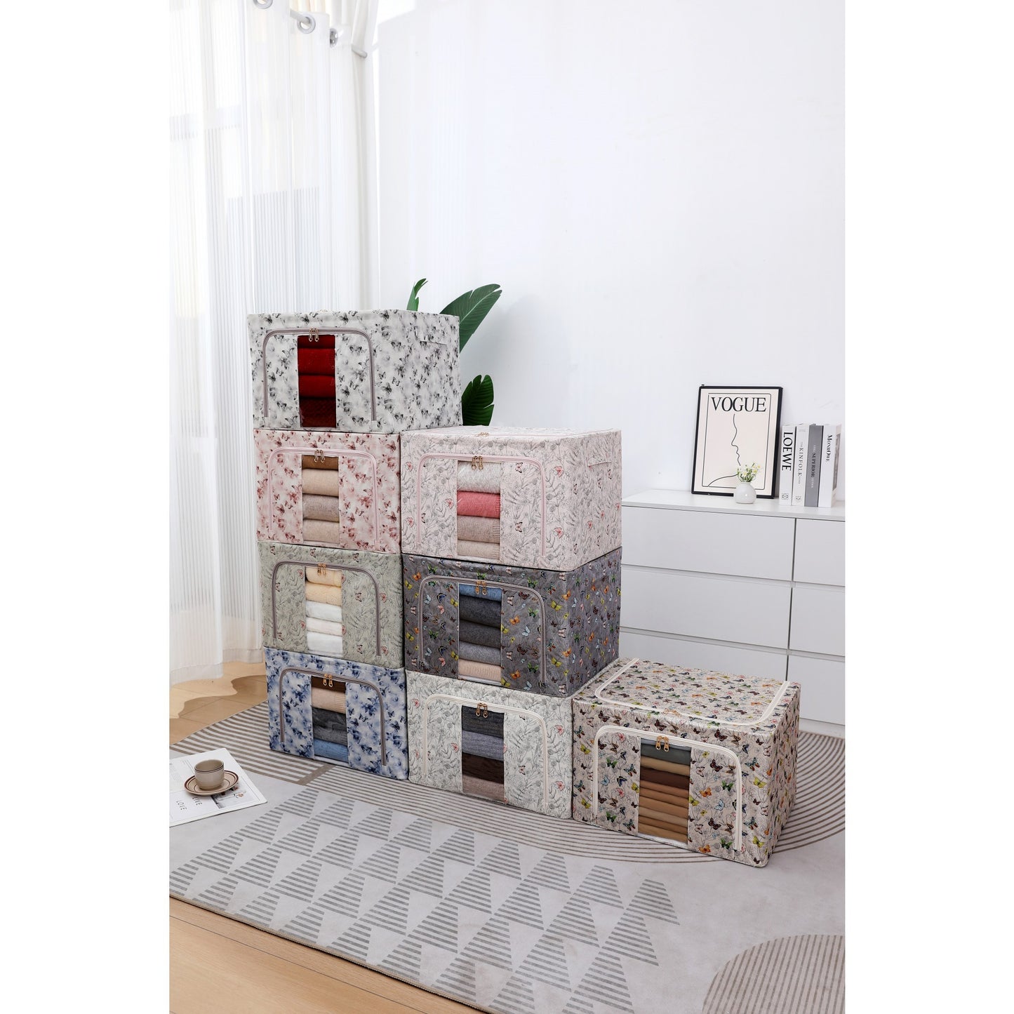 Cutie Depozitare, Klevo, 66L, din Material Textil, 50 x 40 x 33 cm, pentru Haine si Lenjerii, Model Fluturasi, Multicolor