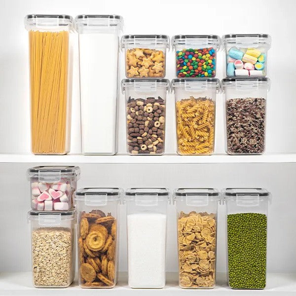 Cutii de depozitare alimente, Klevo, Set din 14 Cutii pentru Condimente, Cereale, Cutii pentru Bucatarie, din Plastic PP, Cutii Alimentare, Diferite Dimensiuni, Transparente