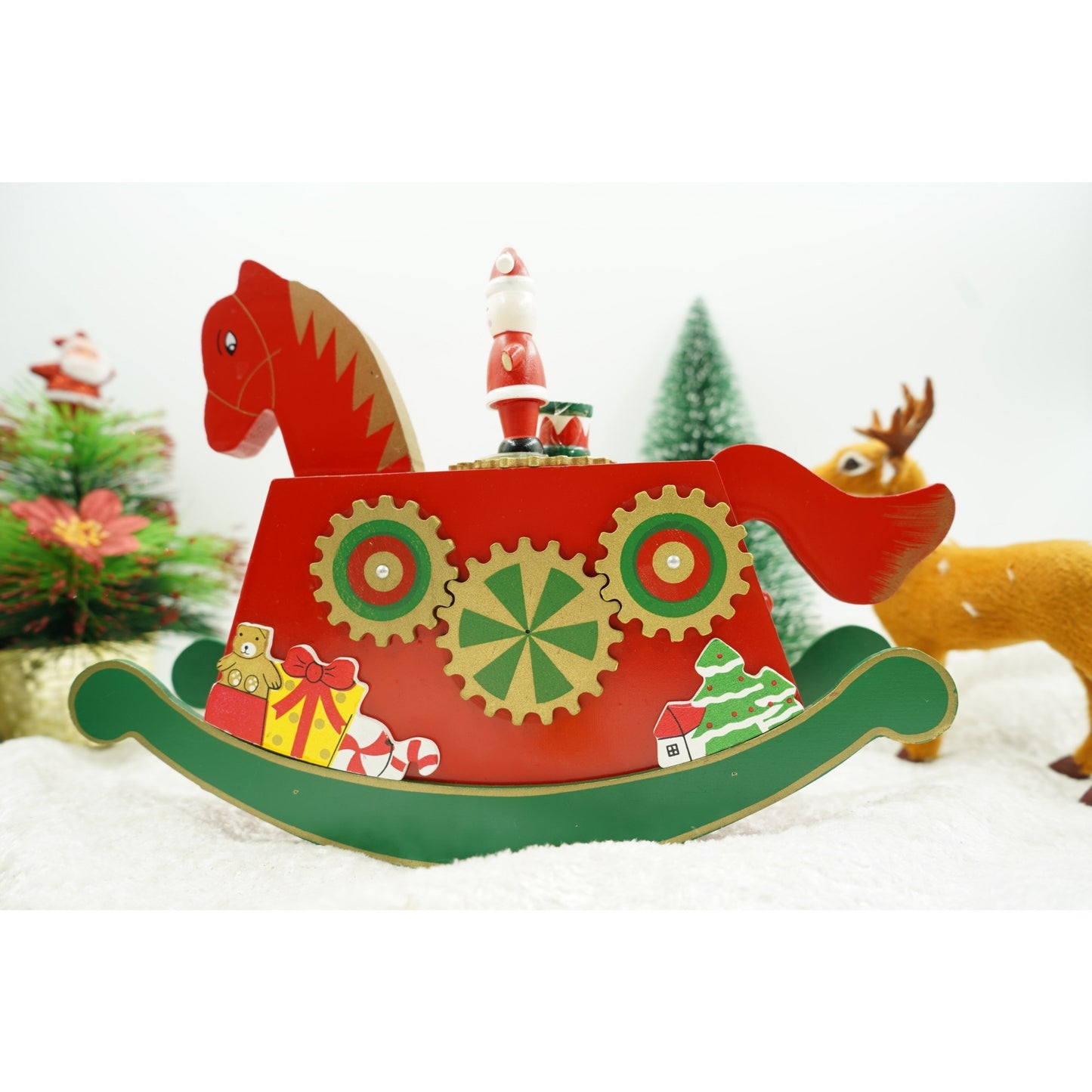Cutiuta muzicala decorata de Craciun, Ponei, Rosu, din Lemn, 18 cm x 25 cm, Interior, Klevo
