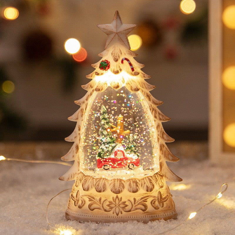 Decoratiune de Craciun tip Brad, Klevo, Glob de Cristal cu Fulgi de Zapada, Model Masinuta cu Brad, Iluminare LED, 16 x 9 x 5 cm, Carcasa Vintage Bej, Transparent
