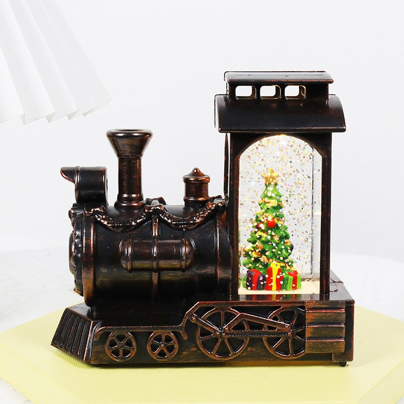Decoratiune de Craciun tip Locomotiva, Klevo, Glob de Cristal cu Fulgi de Zapada, Model Pom de Craciun, Iluminare LED, 11.5 x 12.5 x 6 cm, Carcasa Vintage Bronze, Transparent