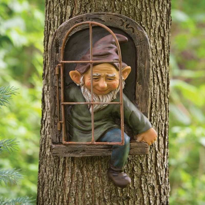 Decoratiune pentru Gradina, Klevo, Model Elf pentru Pom, Statuie pentru Gradina din Rasina, Decor pentru Gradina, Elf, 14.5 x 8 x 15 cm, Maro