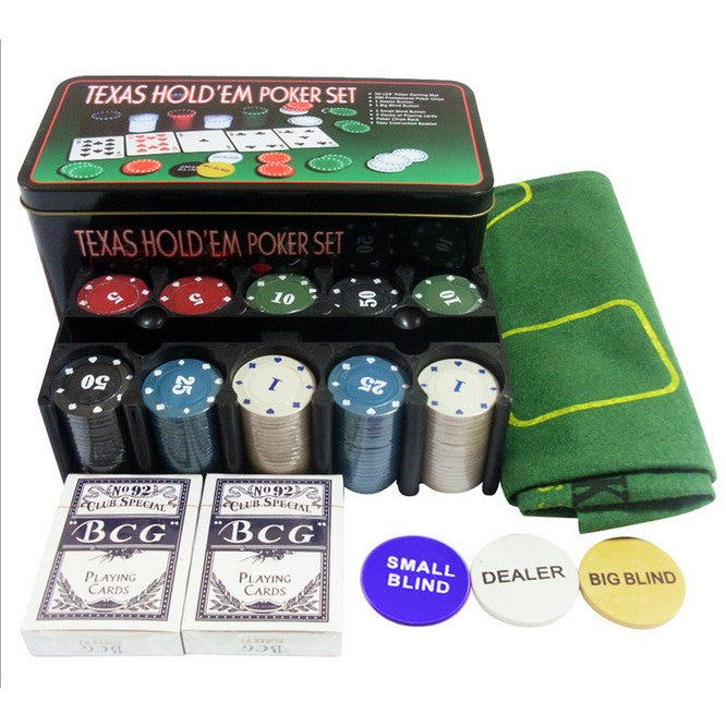 Set de Poker Complex cu 200 de jetoane Klevo, Include 2 seturi de carti, Texas Hold`em set, portabil, cutie depozitare