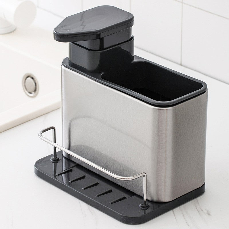 Dispenser Multifunctional, Klevo, Dozator pentru Detergent, pentru Sapun Lichid, Dezinfectant, cu Suport pentru Ustensile, 18.5 x 18 x 12.8 cm Negru