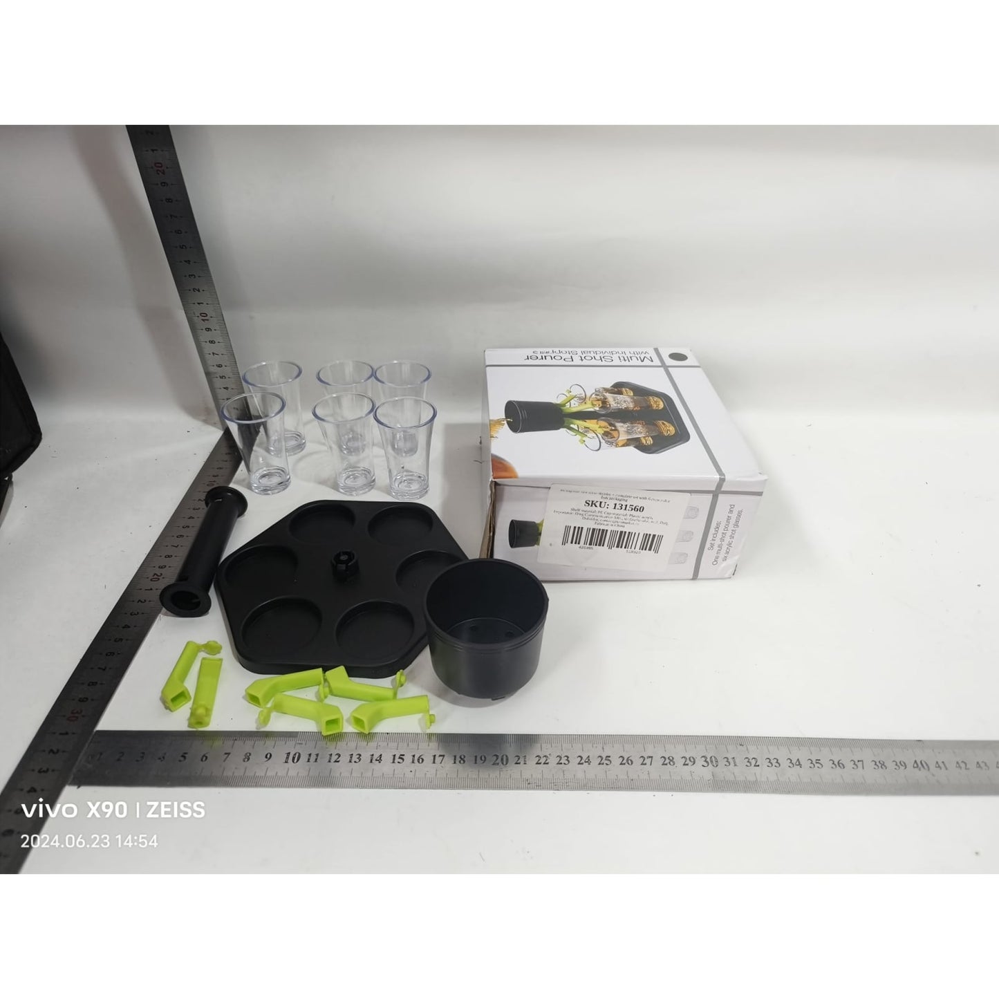Dozator Hexagonal cu Suport pentru Shoturi, Klevo, 6 Pahare, Set Complet cu Ambalaj si Cutie, Dispenser, Divizor, Joc de Baut, Negru