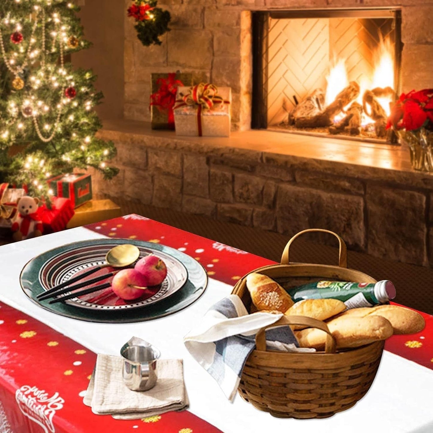 Fata de masa dreptunghiulara Klevo, PVC, 2.5 mm grosime, imprimeu Merry Christmas, potrivit pentru Craciun, utilizare multipla, 180 x 108 cm, alb