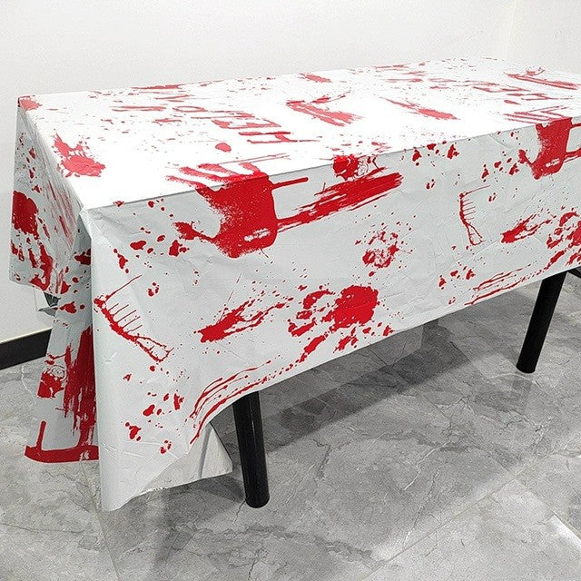 Fata de Masa, Klevo, din Folie, Imprimeu Halloween - Help Me, 137 x 274 cm, Alb/Rosu