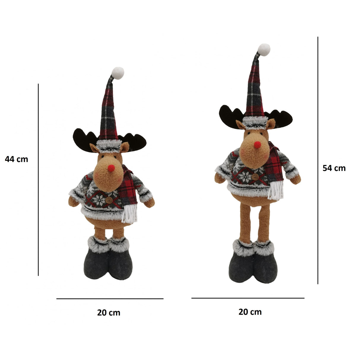Figurina Decorativa, Pentru Craciun, Klevo, Ren, Picioare Telescopice, Inaltime Reglabila 44-54cm, Bluza cu Fulgi, Rosu/Gri