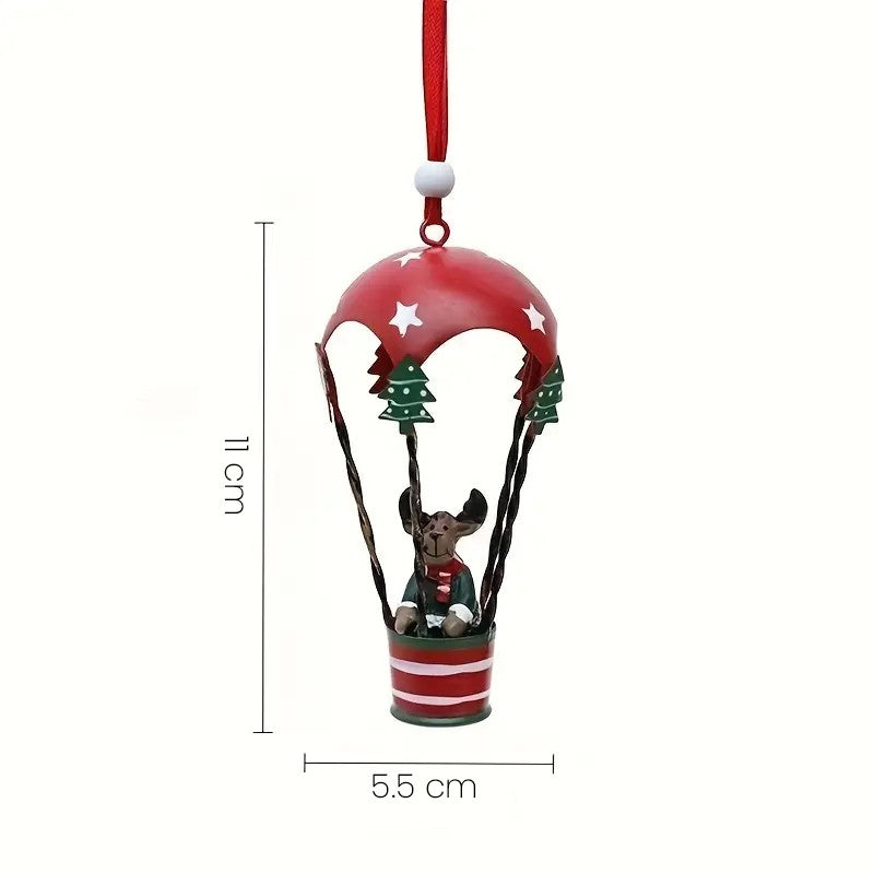 Figurina pentru Brad de Craciun, Klevo, Model Ren in Balon cu Aer Cald, Ornament pentru Brad, din Metal, 11 x 5.5 x 5.5 cm, Rosu inchis