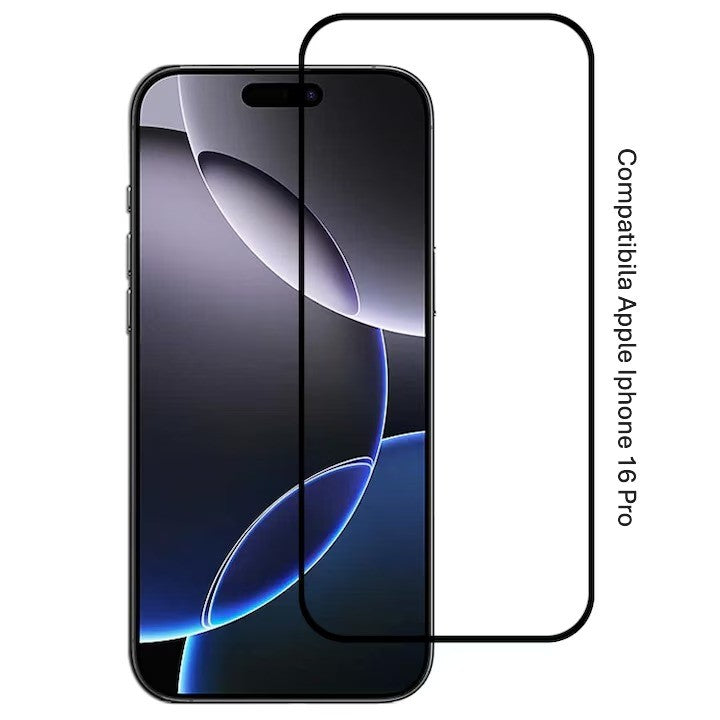 Folie Sticla Securizata, Klevo, Compatibila cu Apple iPhone 16 Pro, Full Cover 9D, HD, Margini Negre, Transparenta