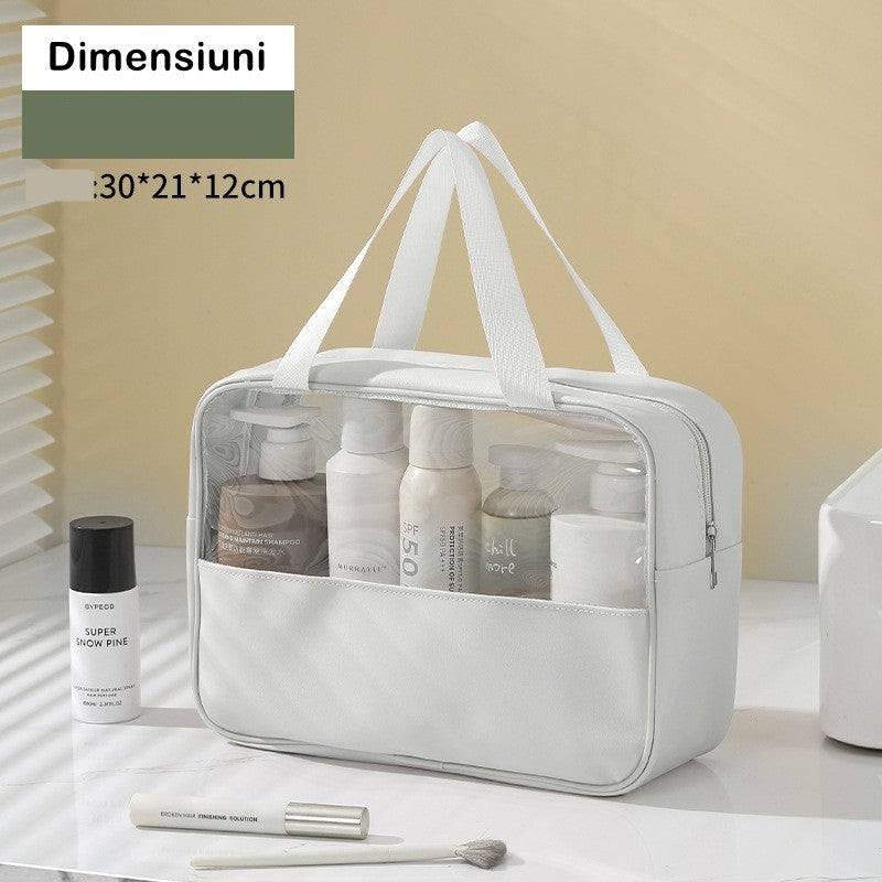 Geanta cosmetice Klevo, pentru voiaj sau organizare, material PVC/textil, impermeabila, portabila, 30x12x21 cm, alb