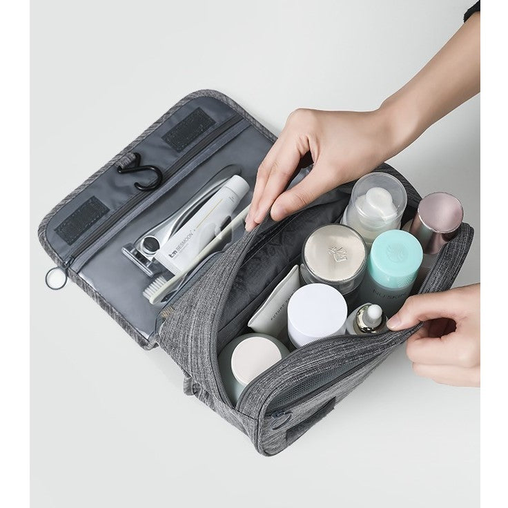 Geanta cosmetice voiaj, Klevo, material panza, impermeabil, 3 compartimente, cu agatatoare, Gri, 47 x 28 x 20 cm
