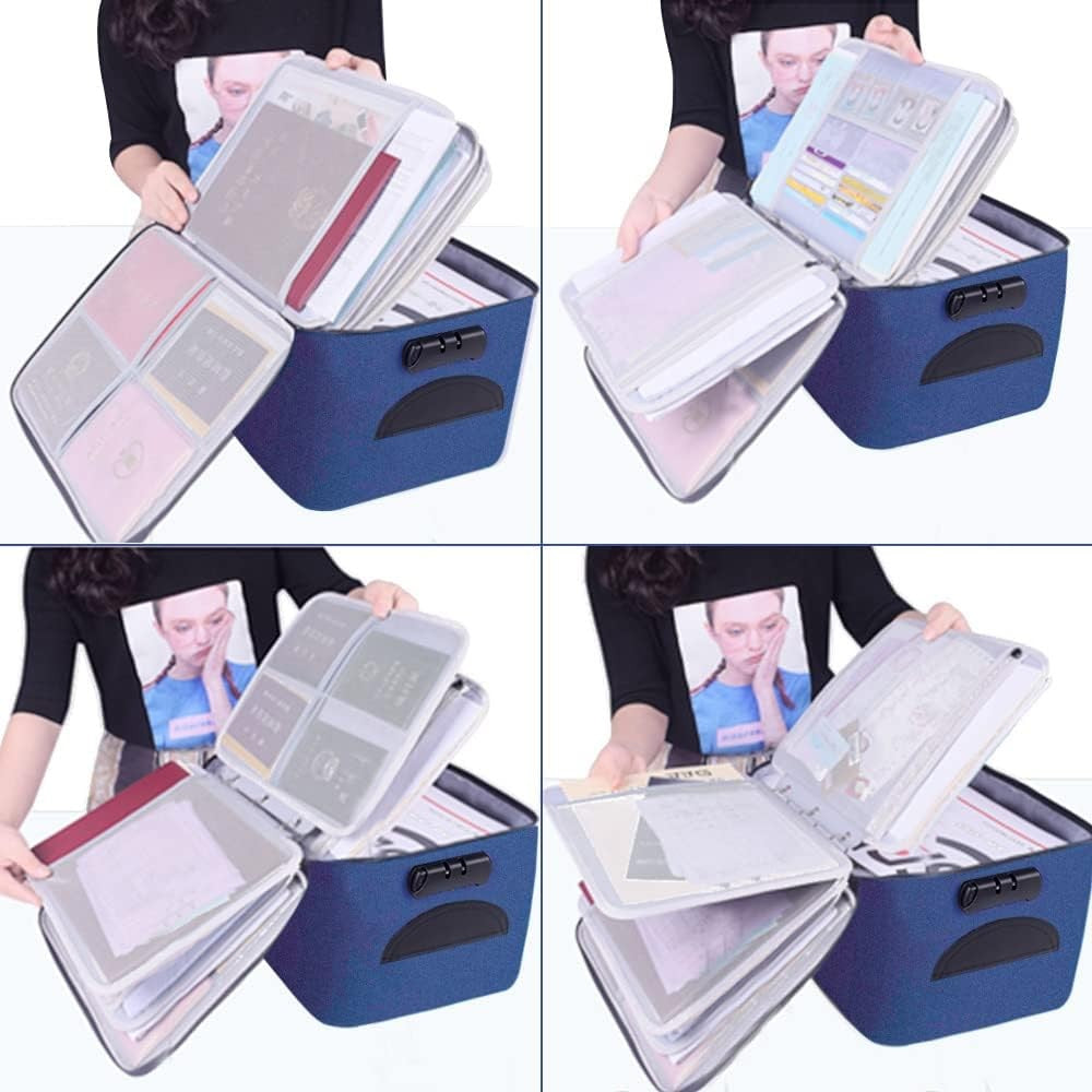 Geanta Klevo pentru Depozitare Acte si Documente, Facturi, Carduri, cu Cod de Securitate, 5 Compartimente, Impermeabila, 37 x 20 x 27 cm, Albastru