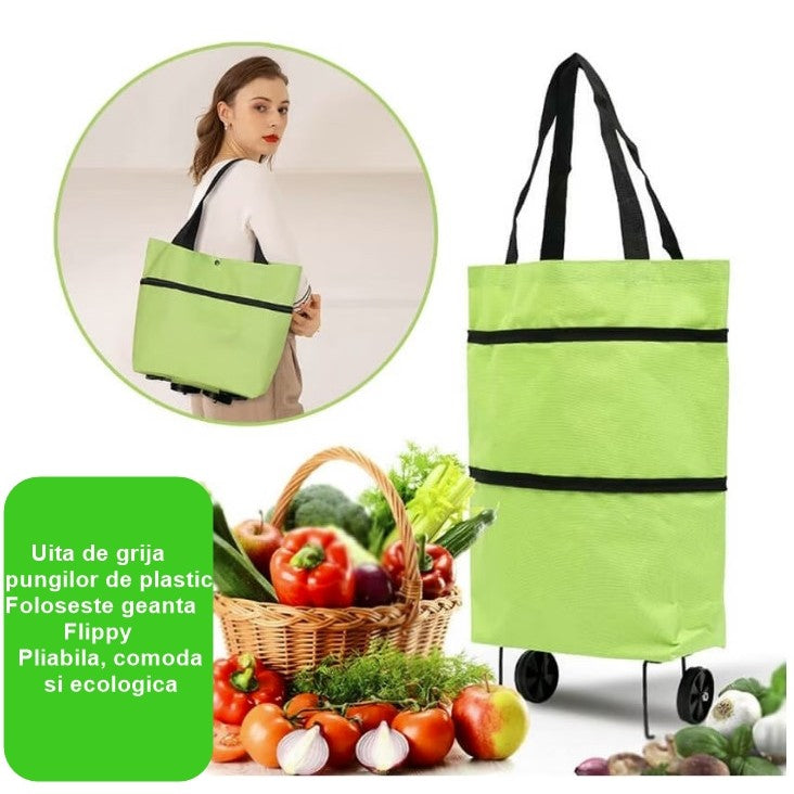 Geanta Pliabila, Klevo, 2 in 1, Carucior cu Roti, pentru Cumparaturi, 19 l, Verde, Plastic, 39 x 46 x 12 cm