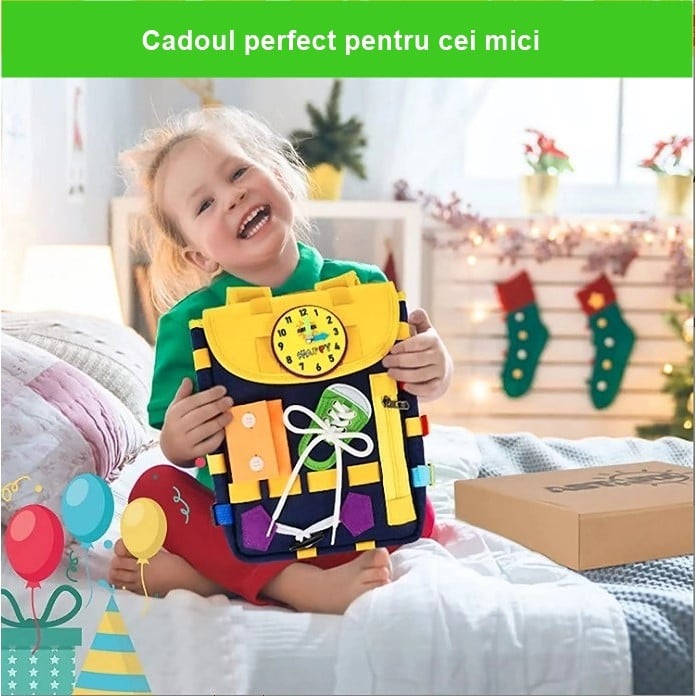 Ghiozdan Montessori, Klevo, pentru Copii 2-6 ani, Fidget Pop, cu Catarame si Fermoare, Jucarii Senzoriale, Activitate de Invatare prin Joc, Albastru Marin, 0.25 kg, 28x10x23 cm