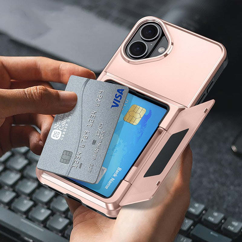 Husa de Protectie compatibila Apple iPhone 17, Klevo, Compartiment pentru Carduri, Anti-alunecare, Protectie PC, Rezistenta la Zgirieturi, Rose Gold
