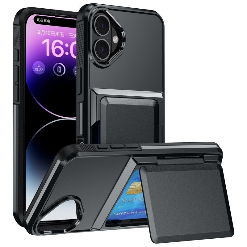 Husa de Protectie compatibila Apple iPhone 17, Klevo, Compartiment pentru Carduri, Anti-alunecare, Protectie PC, Rezistenta la Zgirieturi, Negru