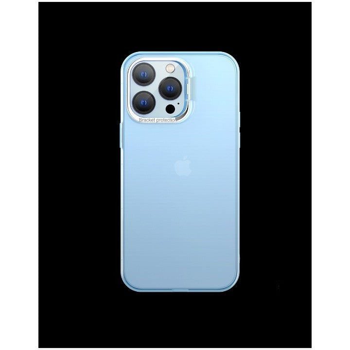 Husa de protectie pentru iPhone 14, cu suport metalic pentru camera, Bracket Series, Klevo, Protectie Antisoc, PC mat, silicon moale pe margini, Albastru