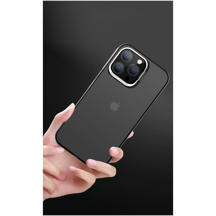 Husa de protectie pentru iPhone 14 Plus, cu suport metalic pentru camera, Bracket Series, Klevo, Protectie Antisoc, PC mat, silicon moale pe margini, Negru