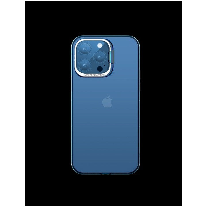Husa de protectie pentru iPhone 14 Pro Max, cu suport metalic pentru camera, Bracket Series, Klevo, Protectie Antisoc, PC mat, silicon moale pe margini, Albastru