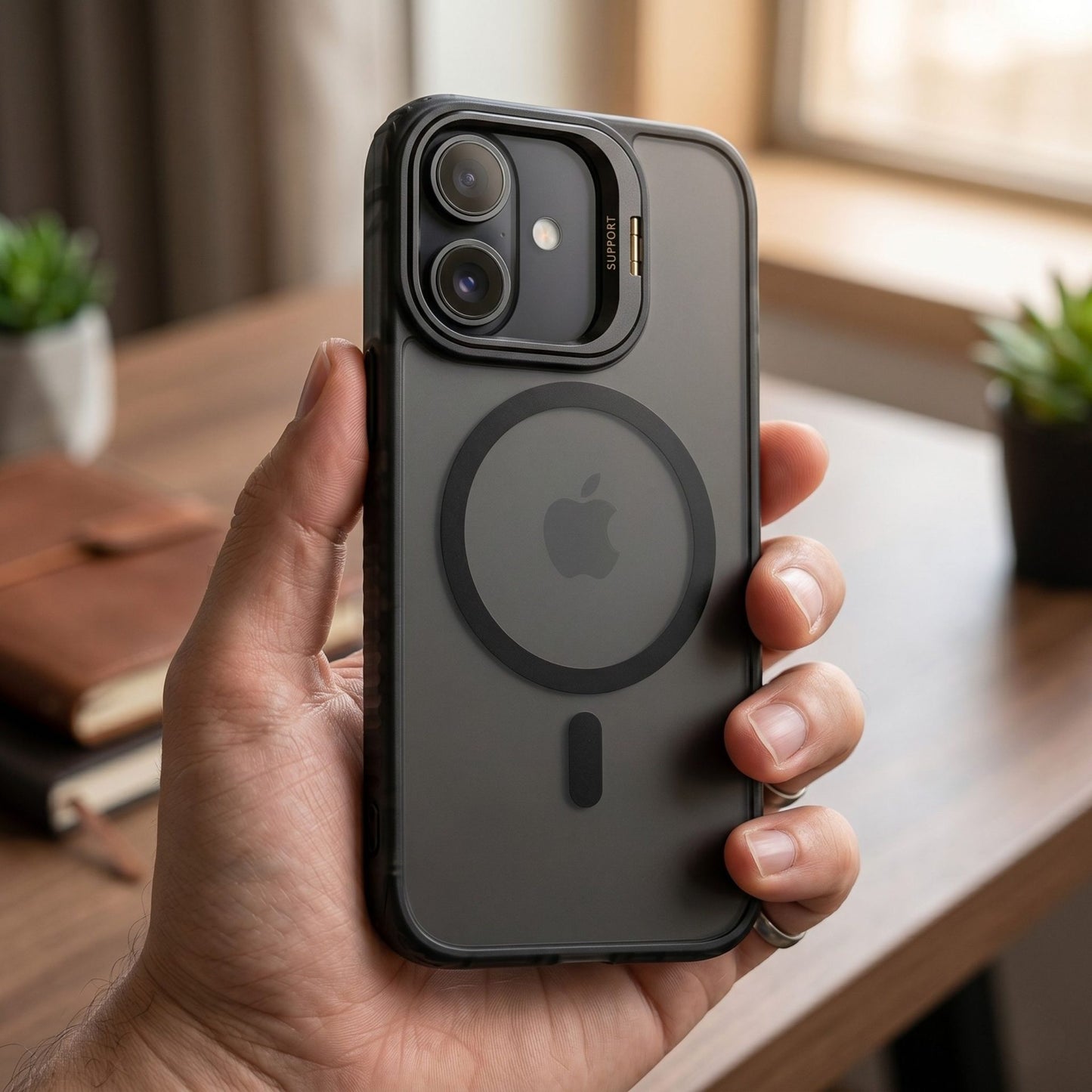 Husa de Protectie Telefon, Klevo, Compatibila cu iPhone 17 , MagSafe, Acrylic, Suport Metalic Protectie Camera, Anti-Soc, Negru