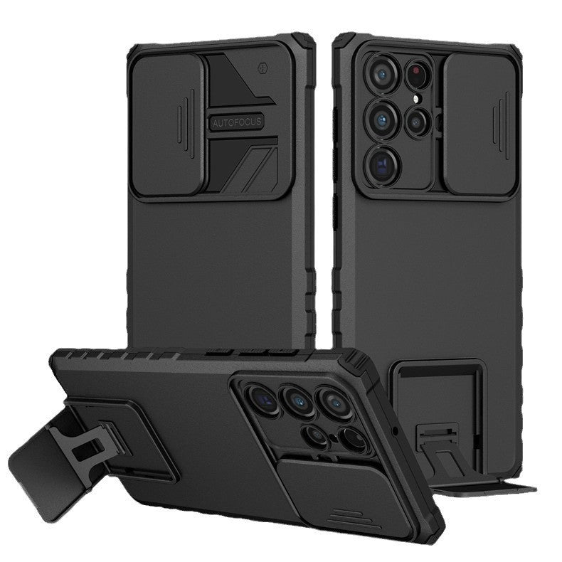 Husa Defender cu Stand pentru Samsung Galaxy S24 FE, Klevo, Suport reglabil, Antisoc, Protectie glisanta pentru camera, Negru