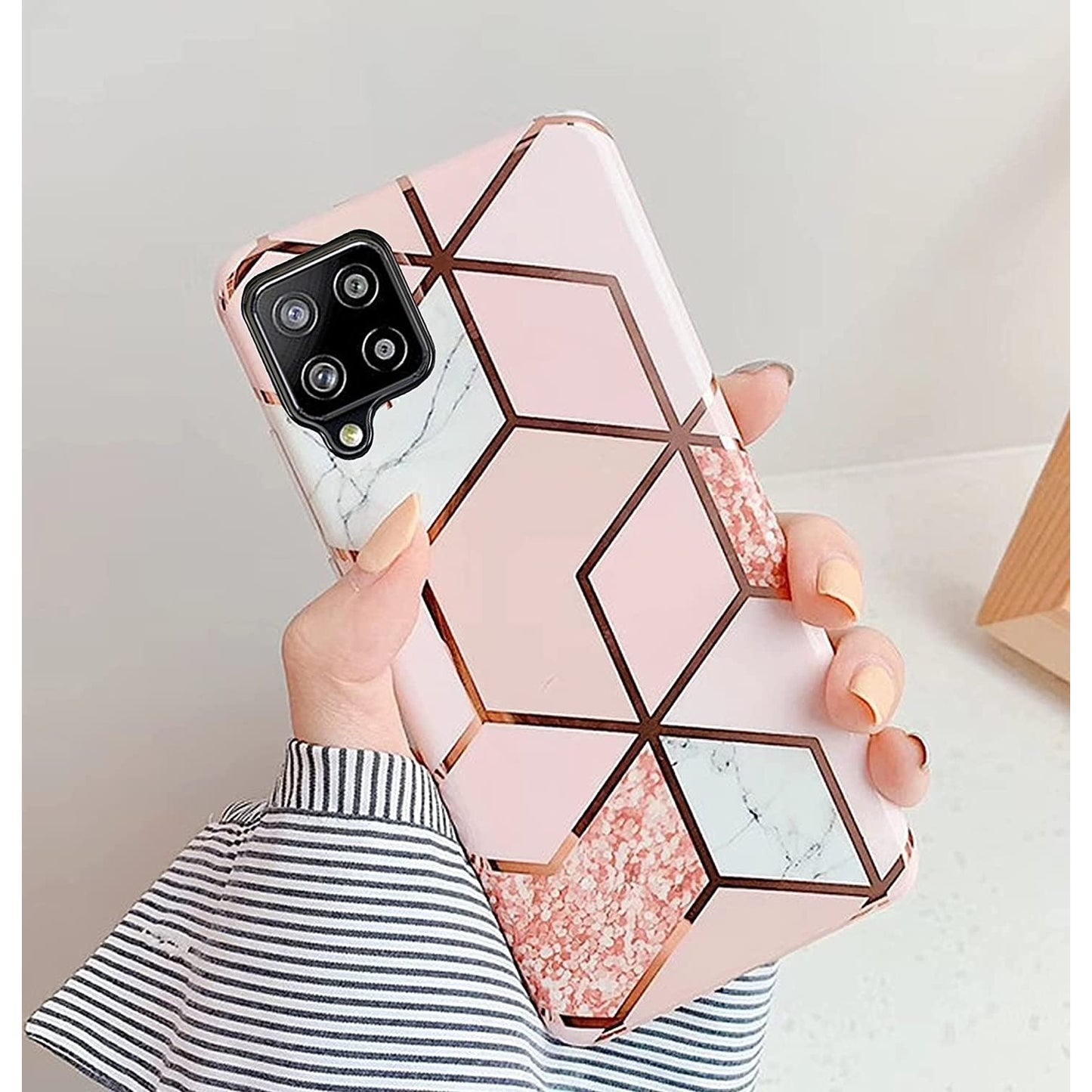 Husa protectie Klevo compatibila cu Samsung Galaxy A12 Soft IMD TPU Marble Geometric Alb