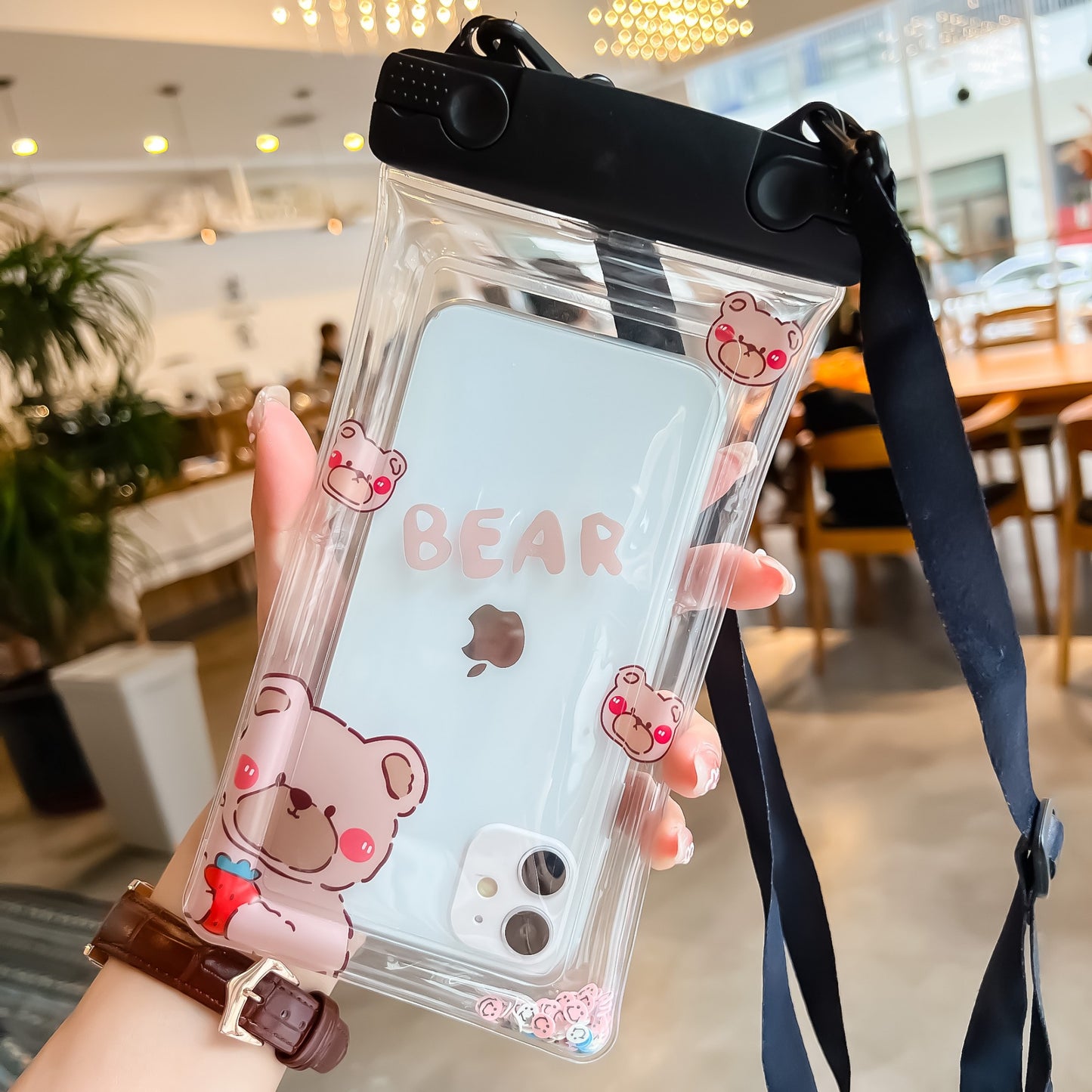 Husa subacvatica Fruity Waterproof Klevo, Snowproof, Universala, Impermeabila, cu Snur, pentru telefon sau documente, Berry Bear, Negru