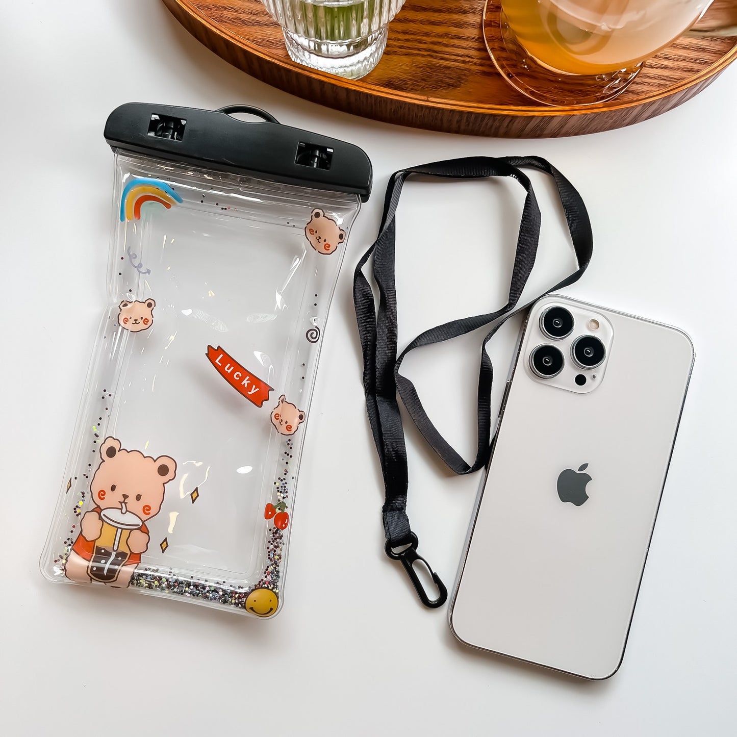Husa subacvatica Glitter Kids Waterproof Klevo, Snowproof, Universala, cu Snur, pentru telefon sau documente, Lucky Bear, Negru