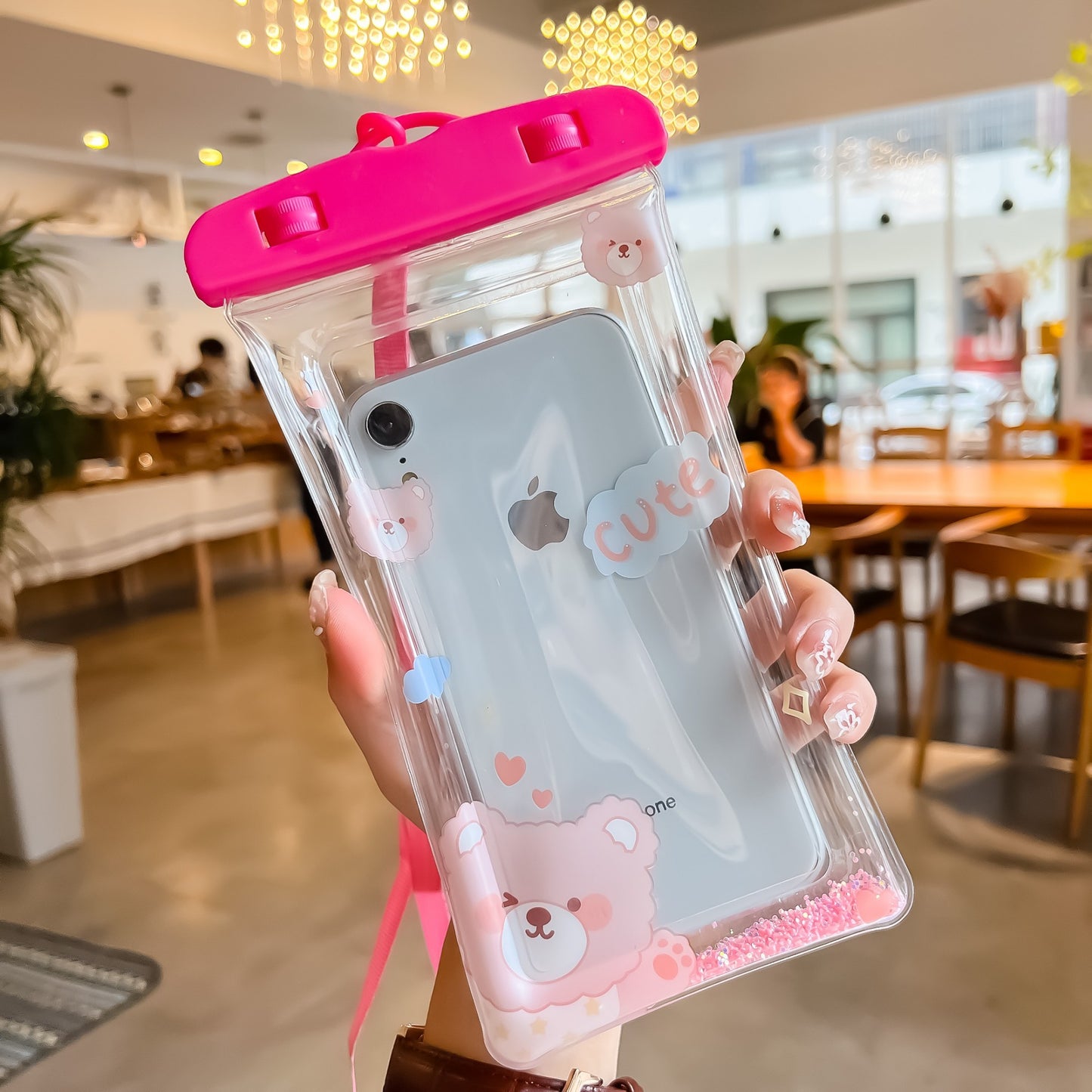 Husa subacvatica Glitter Kids Waterproof Klevo, Snowproof, Universala, cu Snur, pentru telefon sau documente, Cute Bear, Roz