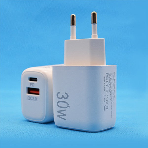 Incarcator Fast Charging pentru Telefon, Klevo, Dual Port USB-A si USB-C cu Cap de Incarcare Standard European, 30W Q.C 3.0, Alb