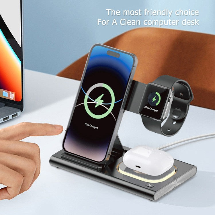 Incarcator Wireless 3 in 1 Fast Charger, Klevo, Compatibil cu Apple iPhone, iWatch, AirPods, New Design, 15W, 16.5 x 14 x 9.5 cm, Negru