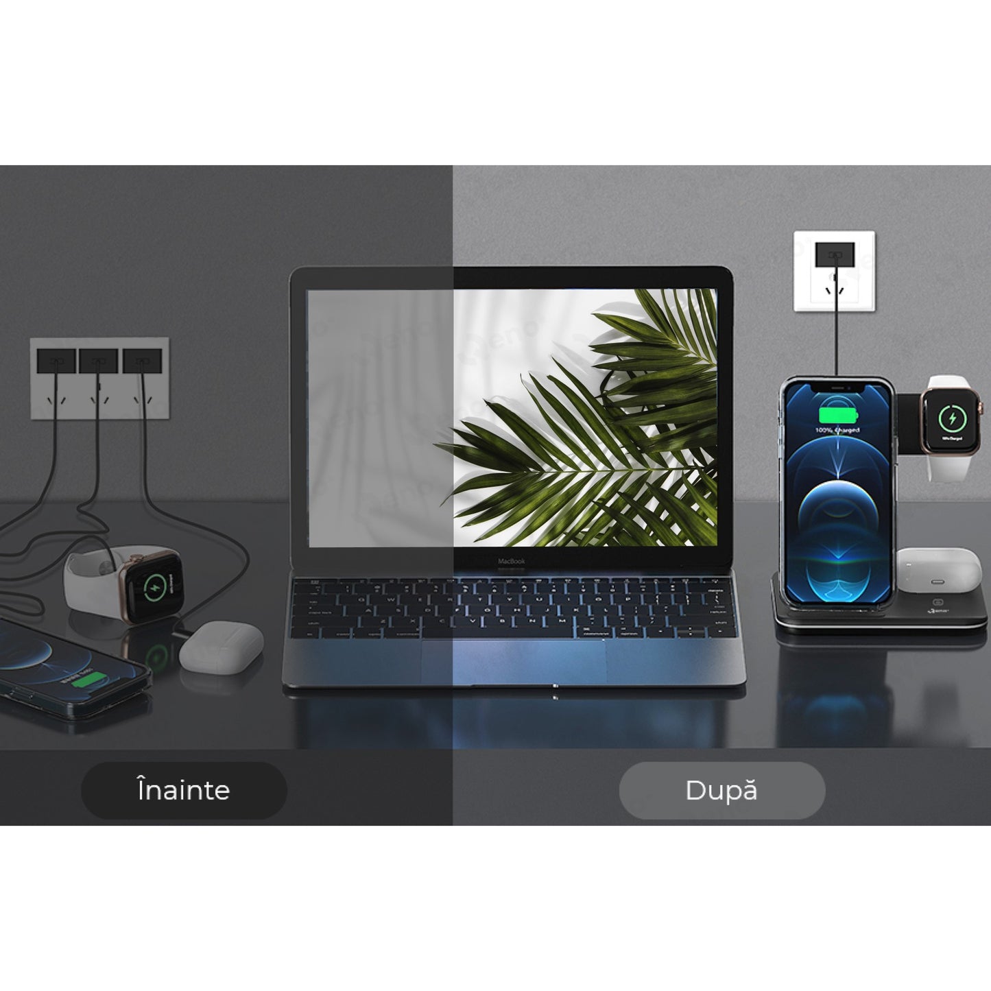 Incarcator Wireless Klevo, Statie Incarcare 3 In 1 Qi Fast Charger 15W, Incarcare Rapida, Compatibil Cu Apple Watch Toate Seriile Airpods Toate Modele si Iphone Android Samsung Huawei Xiaomi, Quick Charge, Negru