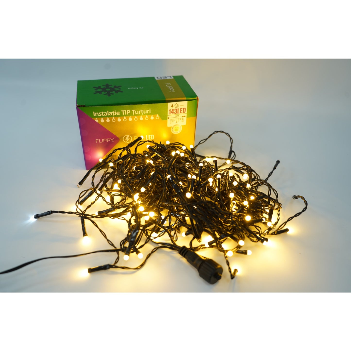 Instalatie de Craciun Klevo® Tip Franjuri cu Flash, Sectiune 5 m, 143 LED-uri, Interconectabila, Fir Negru, Alb Cald