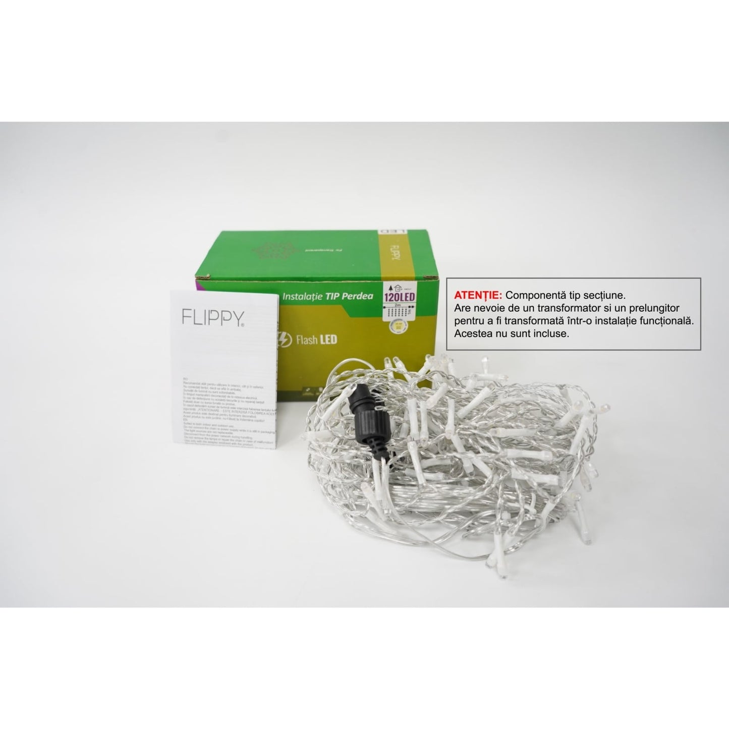Instalatie de Craciun Klevo® Tip Perdea cu Flash, Sectiune 2 X 1 m, 120 LED-uri, Interconectabila, Fir Transparent, Alb Cald