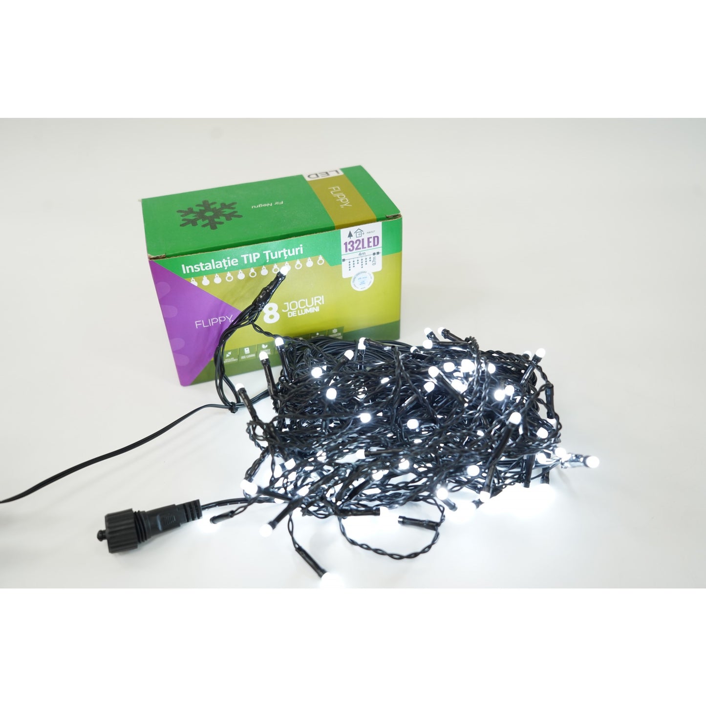Instalatie de Craciun Klevo® Tip Turturi, 8 jocuri de lumini Sectiune 4 m, 132 LED-uri, Interconectabila, Fir Negru, Alb Rece