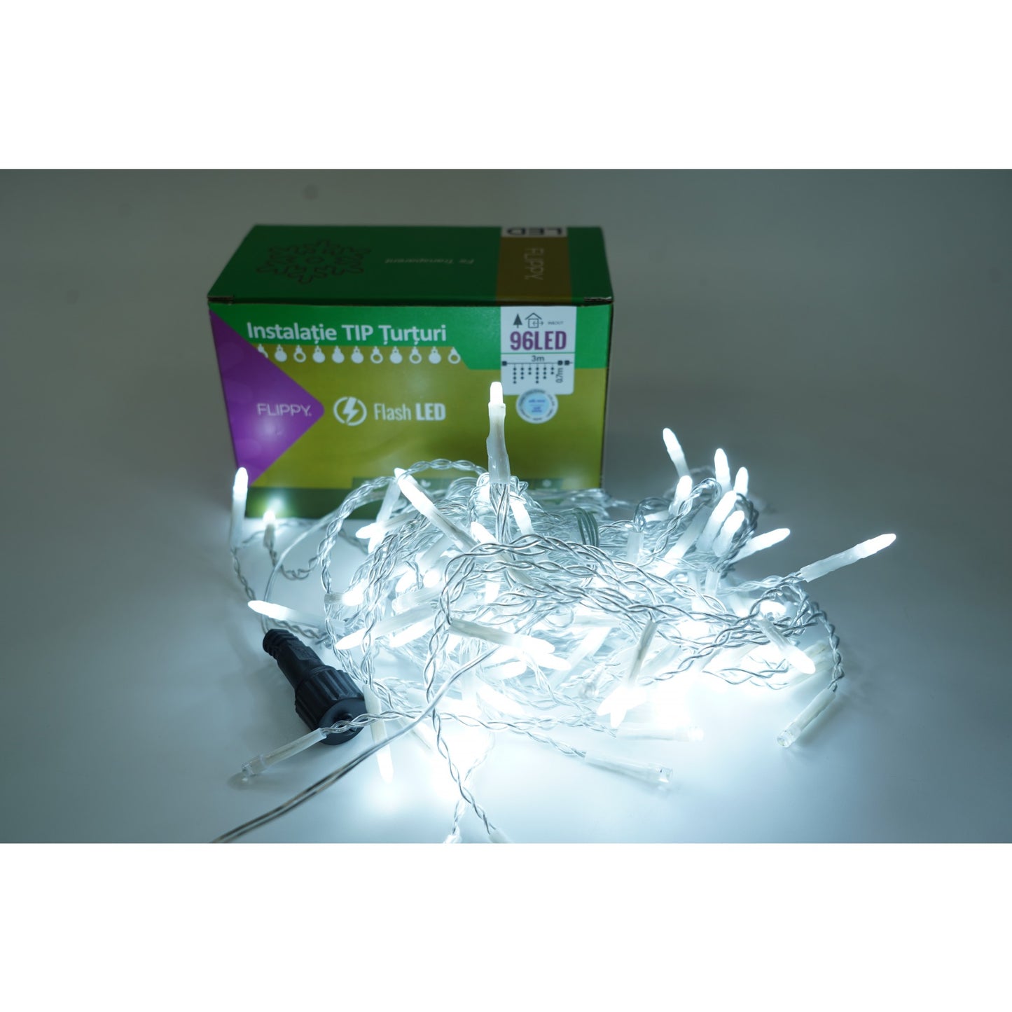 Instalatie de Craciun Klevo® Tip Turturi, Franjuri cu Flash, Sectiune 3 m, 96 LED-uri, Interconectabila, Fir Transparent, Alb Rece