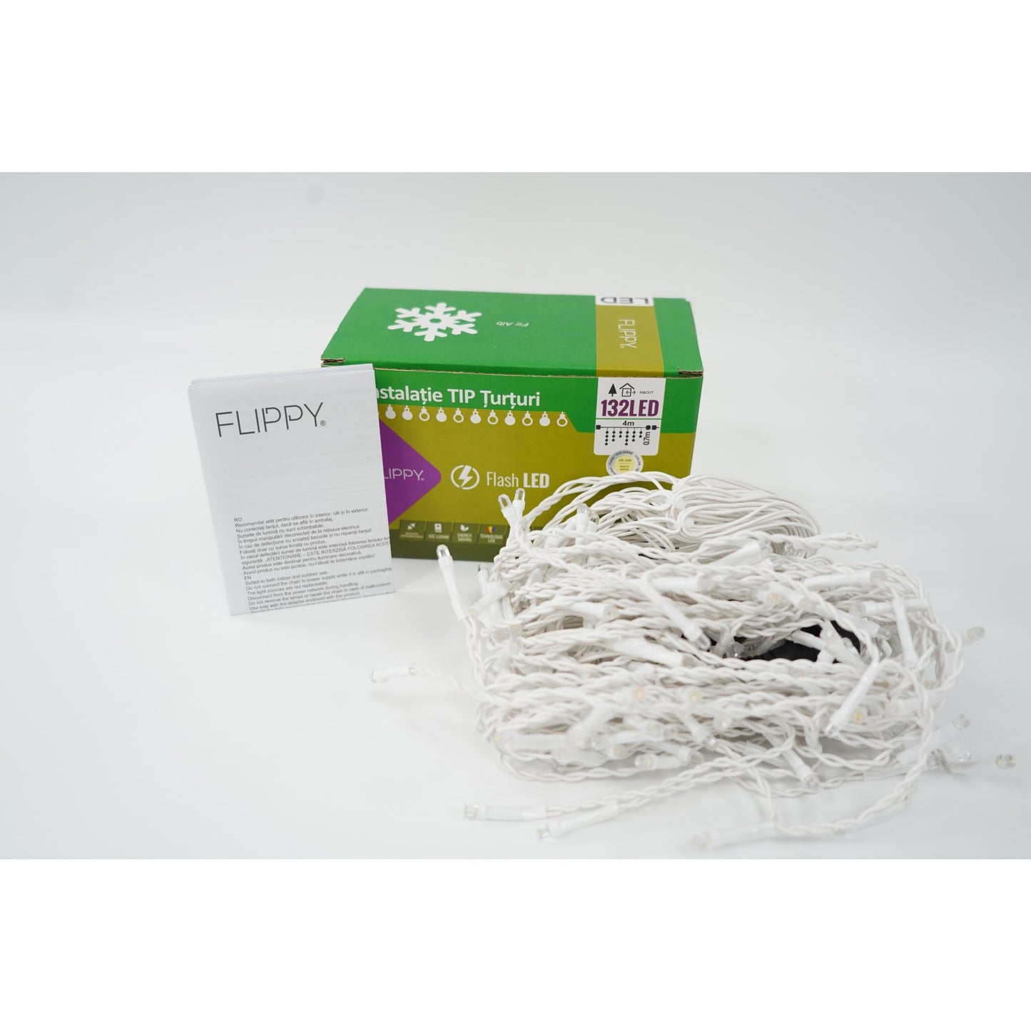 Instalatie de Craciun Klevo® Tip Turturi, Franjuri cu Flash, Sectiune 4 m, 132 LED-uri, Interconectabila, Fir Alb, Alb Cald