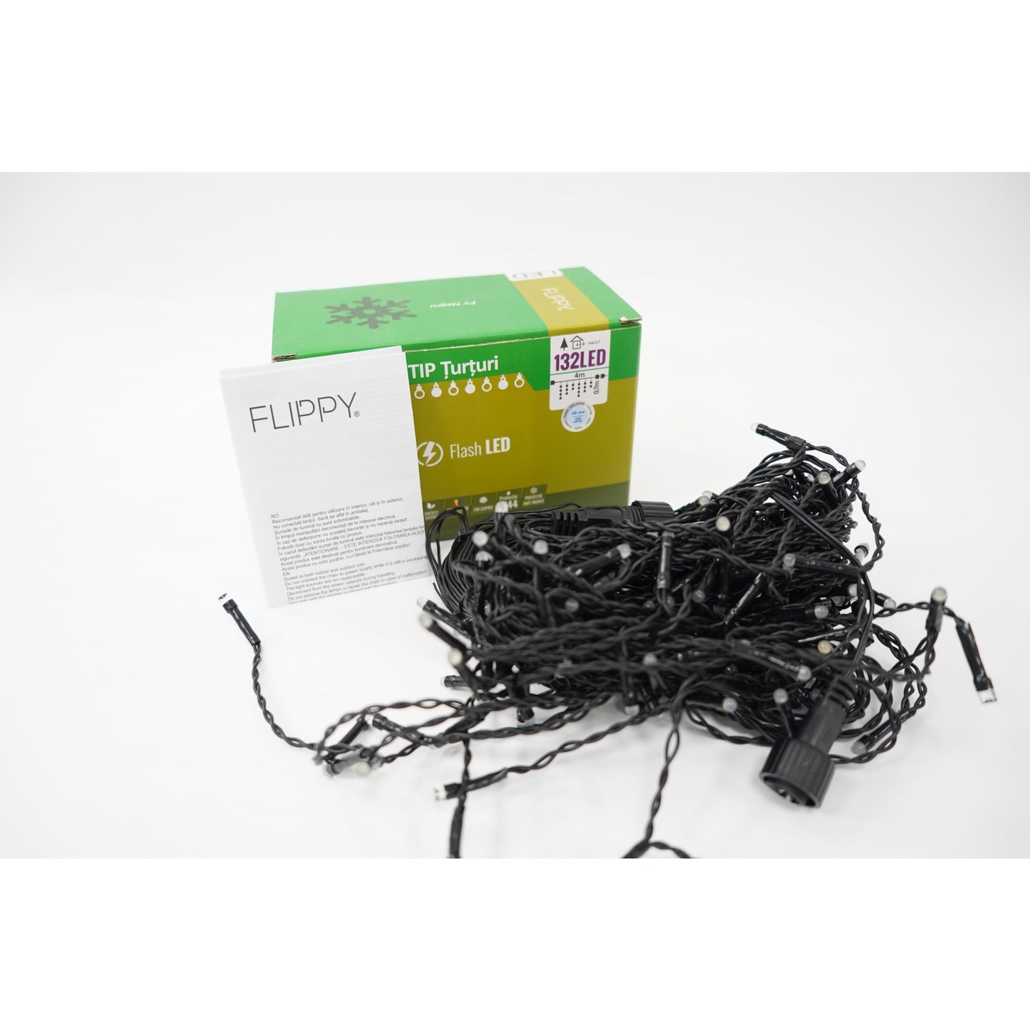 Instalatie de Craciun Klevo® Tip Turturi, Franjuri cu Flash, Sectiune 4 m, 132 LED-uri, Interconectabila, Fir Negru, Alb Rece