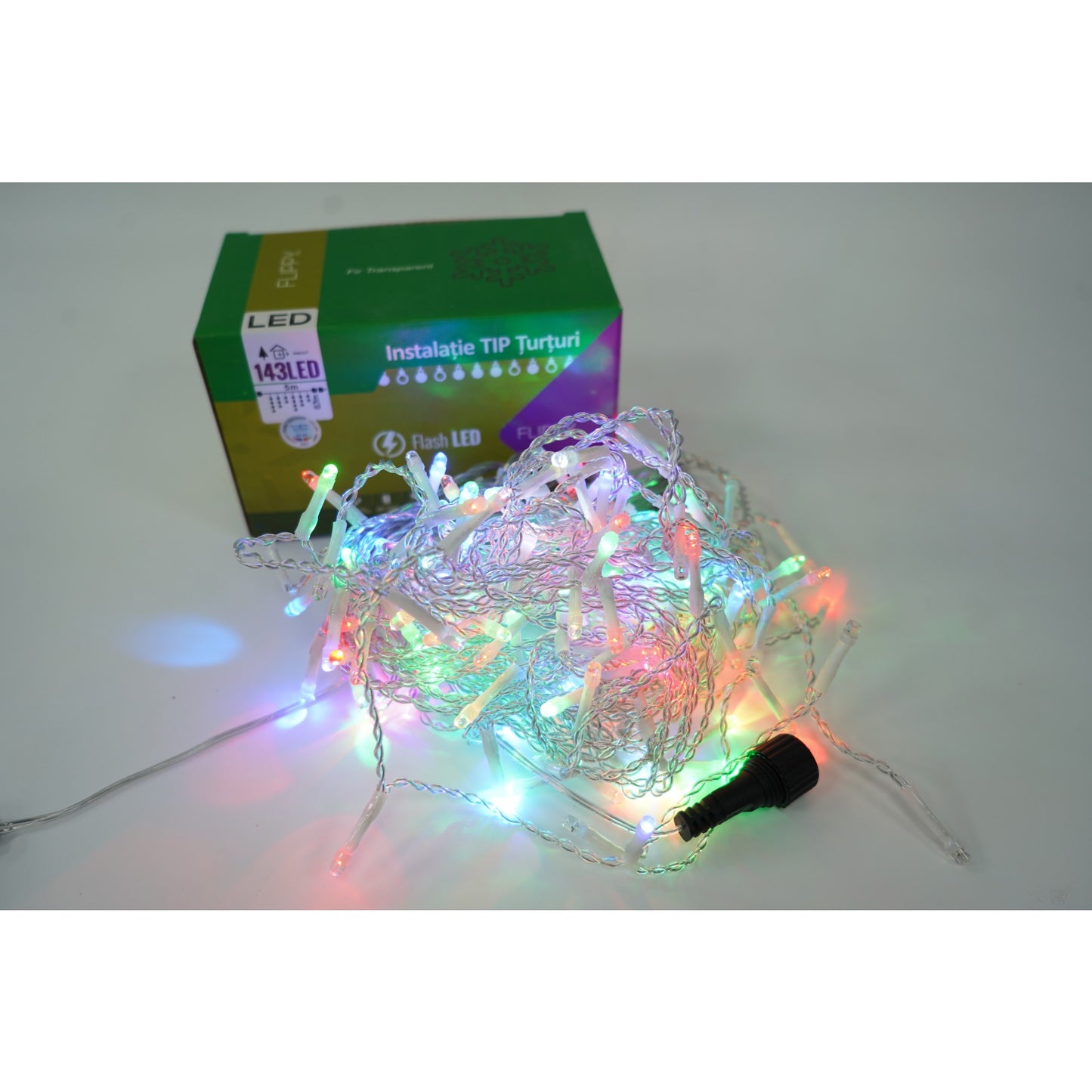 Instalatie de Craciun Klevo® Tip Turturi, Franjuri cu Flash, Sectiune 5 m, 143 LED-uri, Interconectabila, Fir Transparent, RB-RG