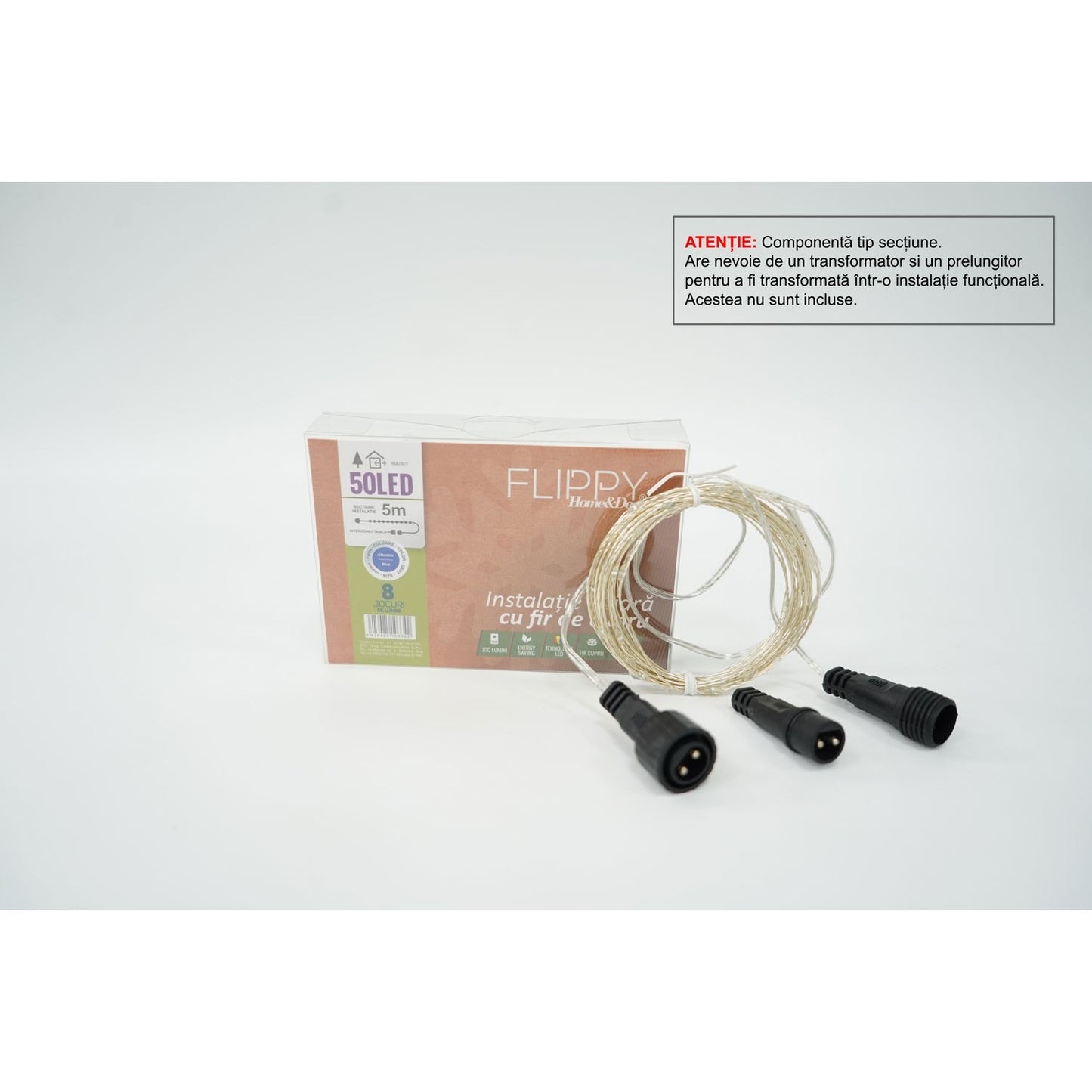 Instalatie de Craciun Tip Liniar, 8 jocuri de lumini, Fir Cupru, 5 m, 50 LED -uri, Albastru