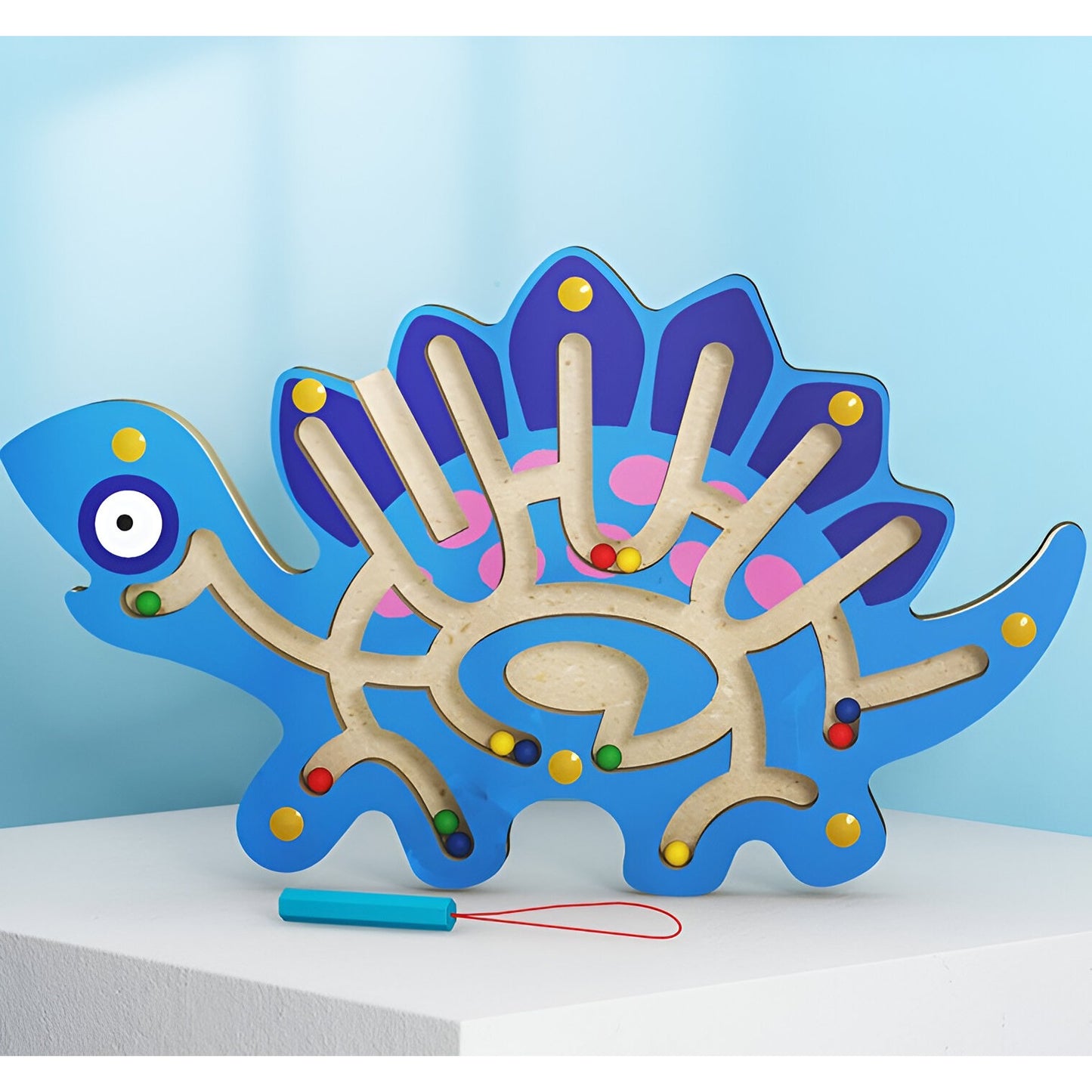 Joc Montessori cu Bile, Klevo, Creion Magnetic, Tip Labirint, din Lemn, Model Stegozaur, 25x15.5 cm, Albastru