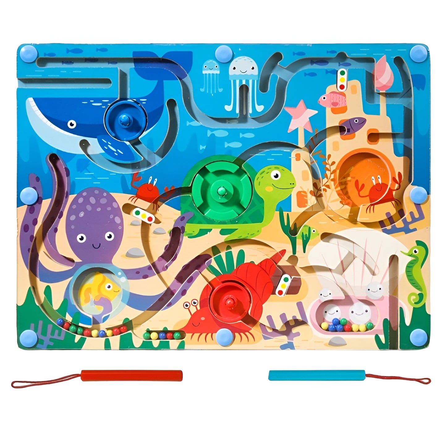 Joc Montessori de Sortare Culori, Klevo, Creion Magnetic, Tip Labirint Ilustrat, din Lemn, Model Animale Marine, 39x29x1.5 cm